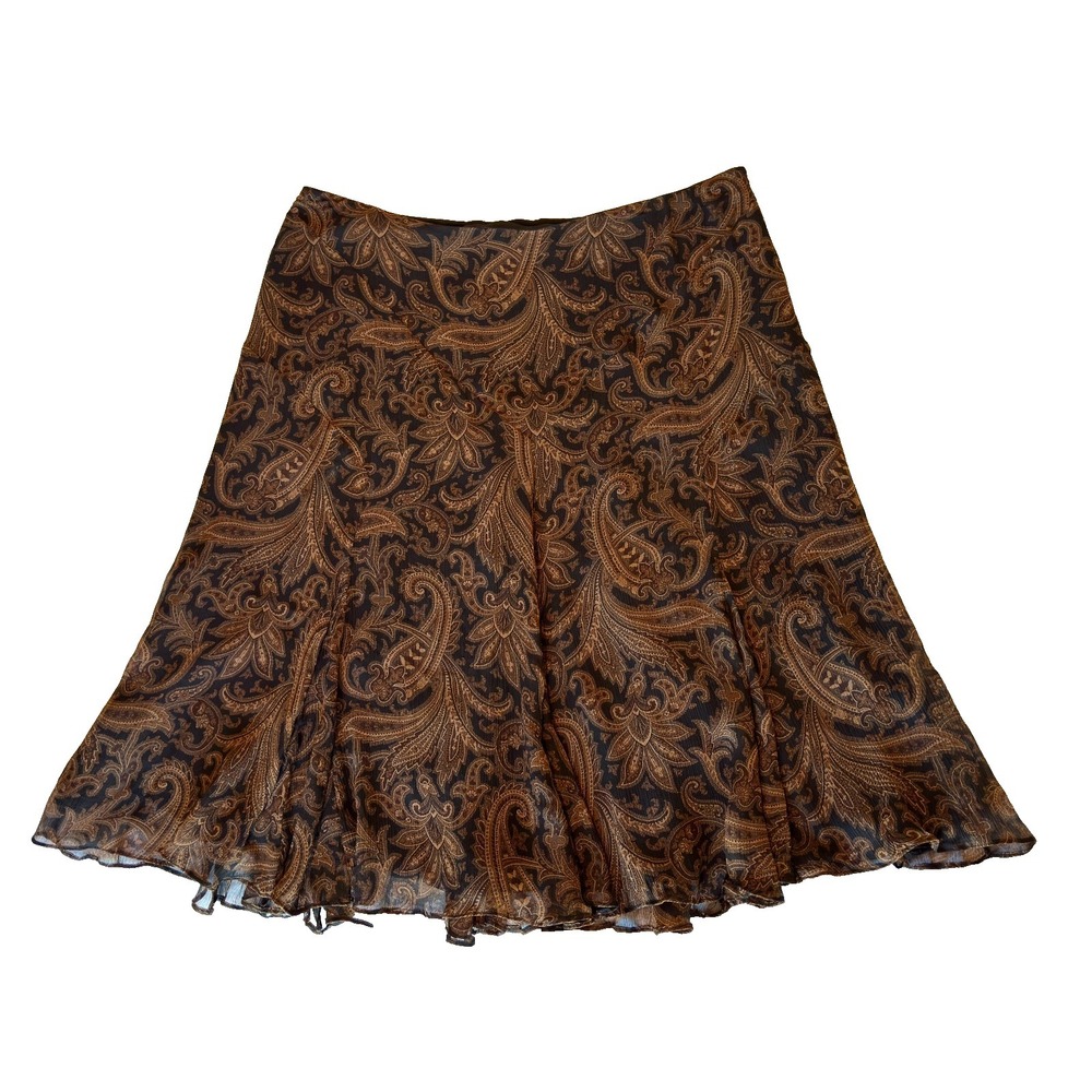 VTG Lauren Ralph Lauren 100% Silk Georgette Paisley A Line Skirt 14W Black Brown